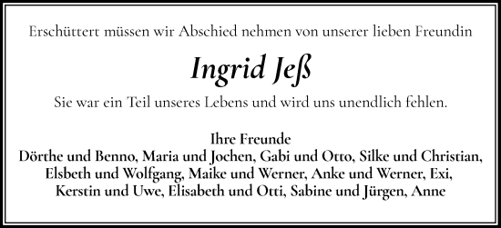 Traueranzeige von Ingrid Jeß von Eckernförder Zeitung, Hallo Eckernförde