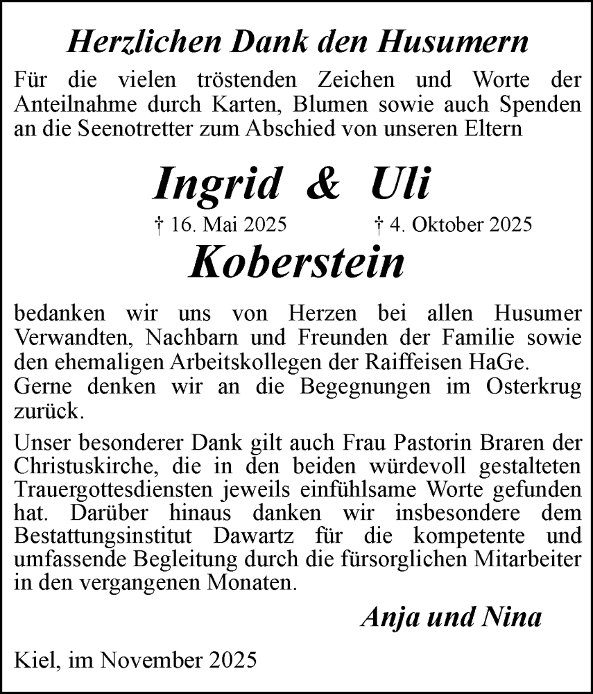  Traueranzeige für Ingrid Koberstein vom 01.11.2025 aus Husumer Nachrichten, Nordfriesland Tageblatt