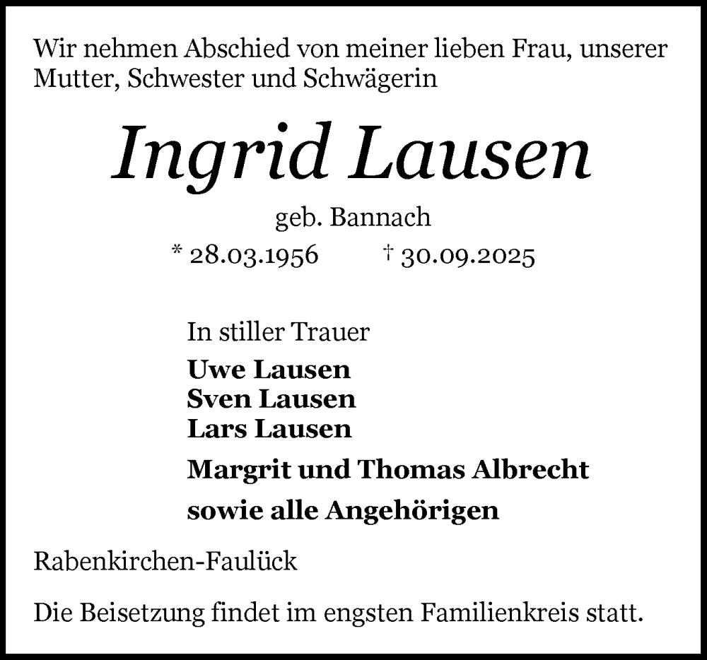  Traueranzeige für Ingrid Lausen vom 04.10.2025 aus Schleswiger Nachrichten, Schlei-Bote