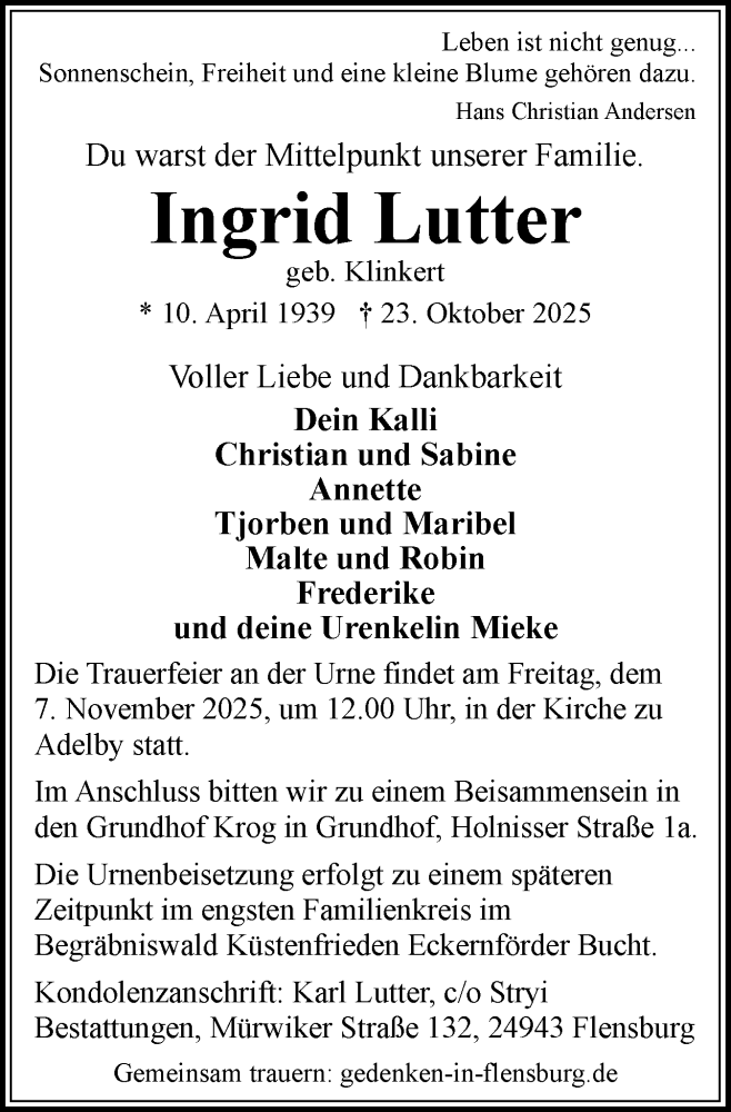  Traueranzeige für Ingrid Lutter vom 01.11.2025 aus Flensburger Tageblatt