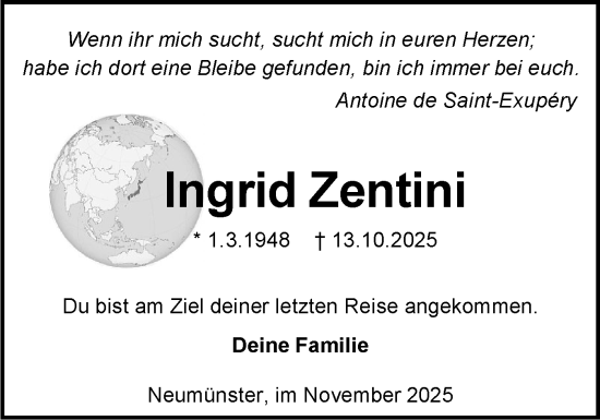 Traueranzeige von Ingrid Zentini von Holsteinischer Courier
