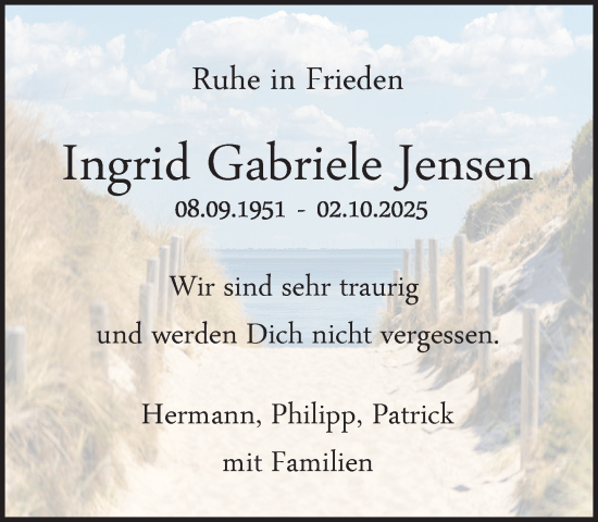 Traueranzeige von Ingrid Gabriele Jensen von MARKT Glinde/Reinfeld