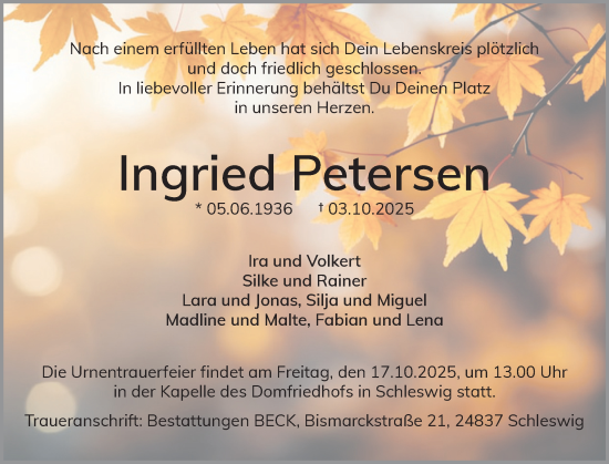Traueranzeige von Ingried Petersen von Schleswiger Nachrichten, Schlei-Bote
