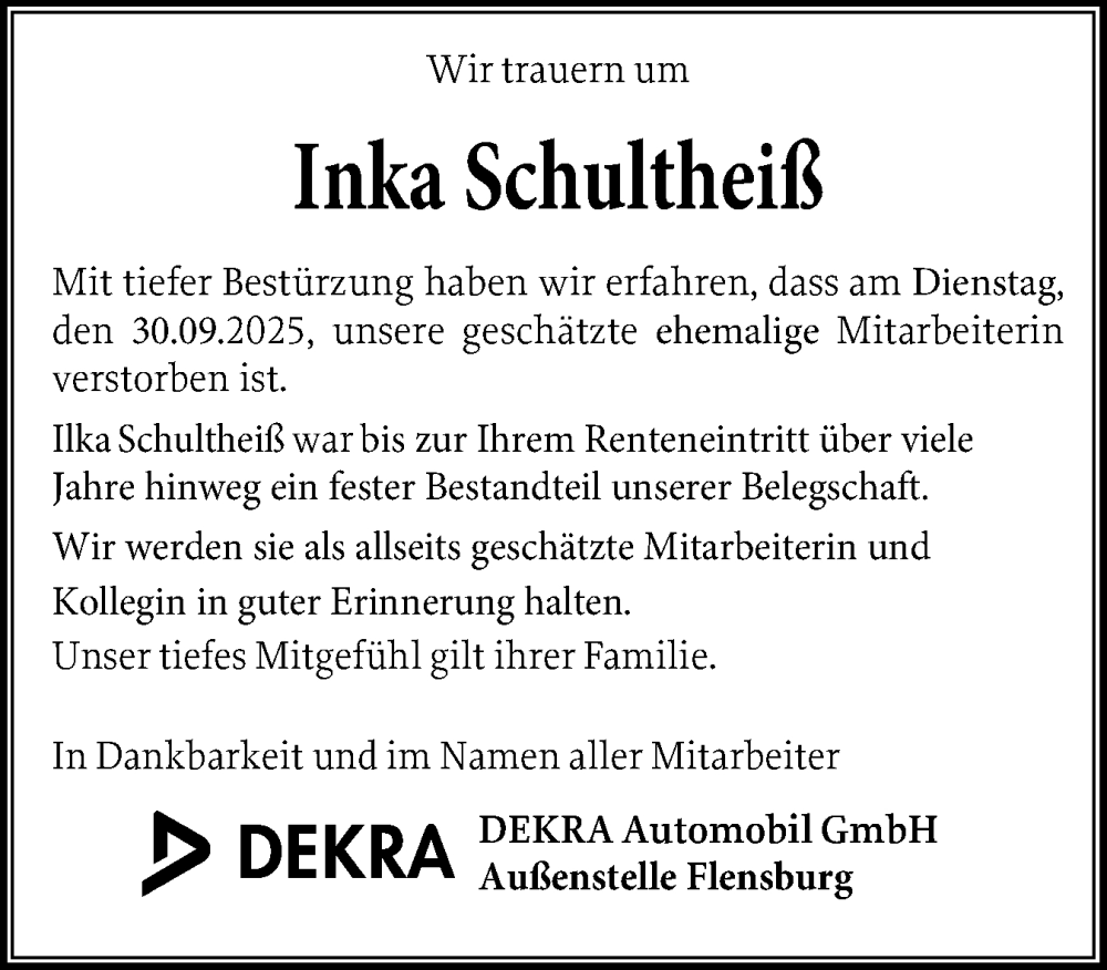  Traueranzeige für Inka Schultheiß vom 18.10.2025 aus Flensburger Tageblatt