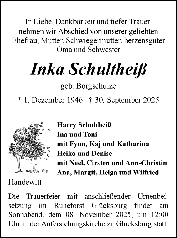  Traueranzeige für Inka Schultheiß vom 11.10.2025 aus Flensburger Tageblatt
