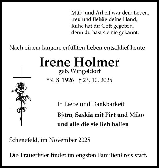 Traueranzeige von Irene Holmer von Norddeutsche Rundschau, Wilstersche Zeitung, Glückstädter Fortuna