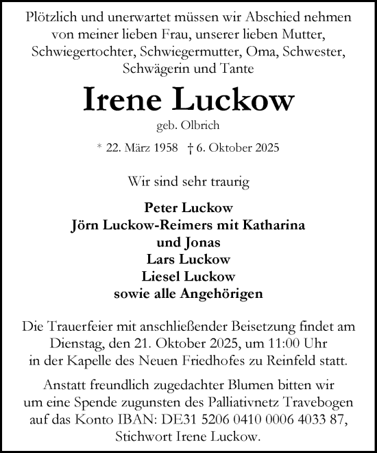 Traueranzeige von Irene Luckow von MARKT Bad Oldesloe/Reinfeld und Stormarner Tageblatt