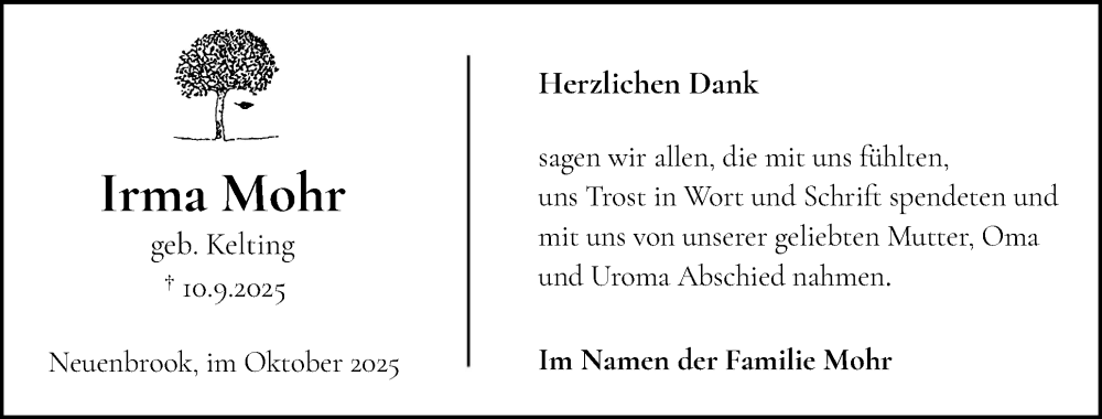  Traueranzeige für Irma Mohr vom 25.10.2025 aus Norddeutsche Rundschau, Wilstersche Zeitung, Glückstädter Fortuna