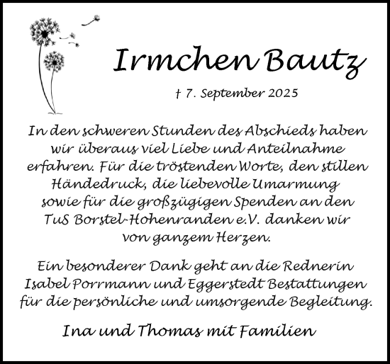 Traueranzeige von Irmchen Bautz von Region Pinneberg und tip Pinneberg