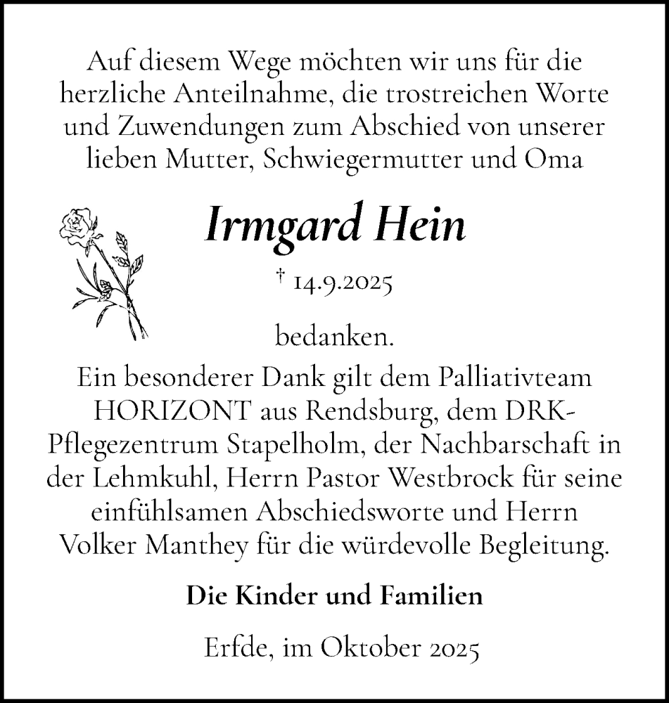  Traueranzeige für Irmgard Hein vom 18.10.2025 aus Schleswig-Holsteinische Landeszeitung