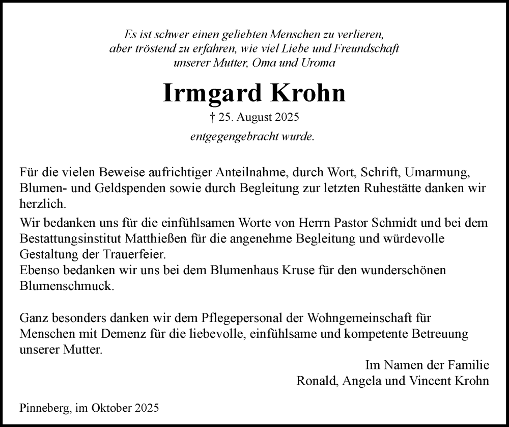  Traueranzeige für Irmgard Krohn vom 04.10.2025 aus Region Pinneberg und tip Pinneberg