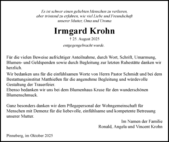 Traueranzeige von Irmgard Krohn von Region Pinneberg und tip Pinneberg