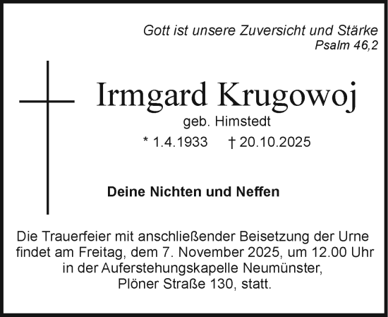 Traueranzeige von Irmgard Krugowoj von Holsteinischer Courier