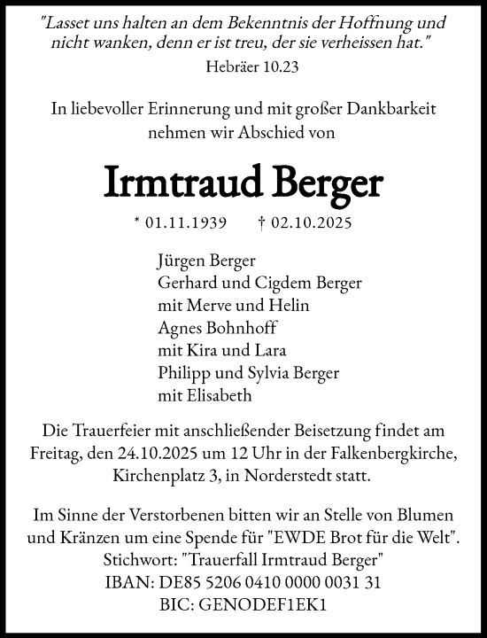 Traueranzeige von Irmtraud Berger von Heimatspiegel