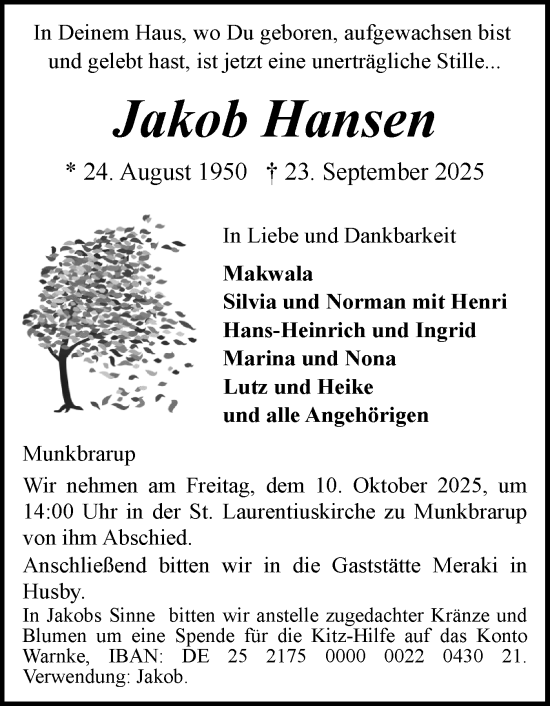Traueranzeige von Jakob Hansen von Flensburger Tageblatt
