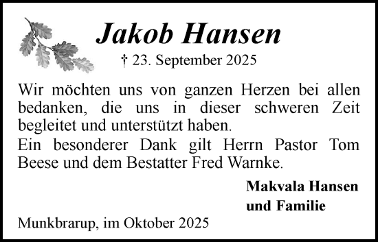 Traueranzeige von Jakob Hansen von Flensburger Tageblatt