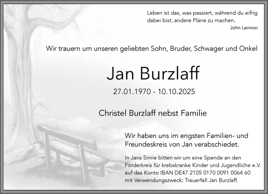 Traueranzeige von Jan Burzlaff von Umschau