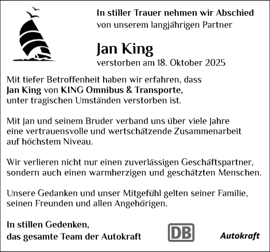 Traueranzeige von Jan King von Region Flensburg