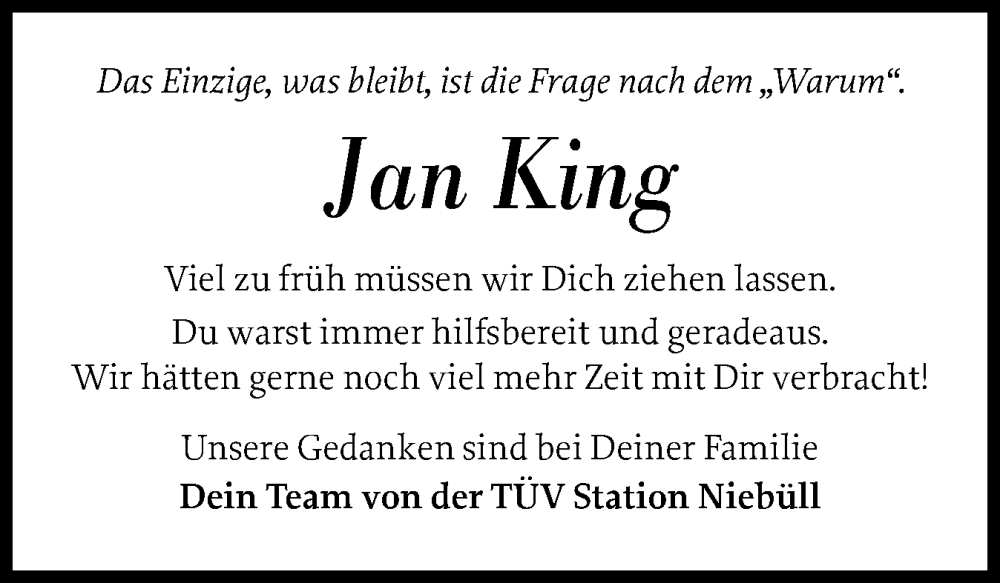  Traueranzeige für Jan King vom 28.10.2025 aus Husumer Nachrichten, Nordfriesland Tageblatt