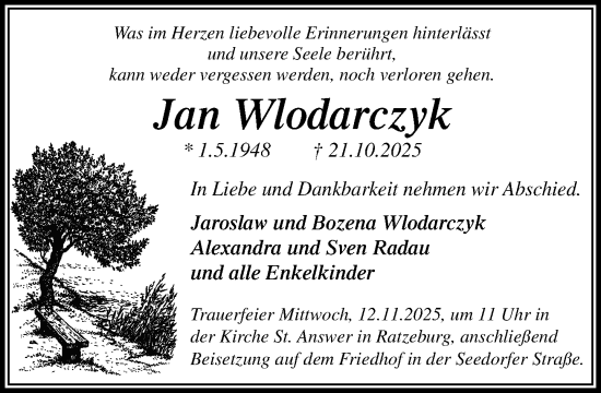 Traueranzeige von Jan Wlodarczyk von MARKT Ratzeburg/Mölln