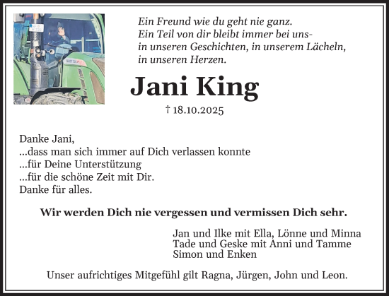Traueranzeige von Jani King von Der Insel-Bote