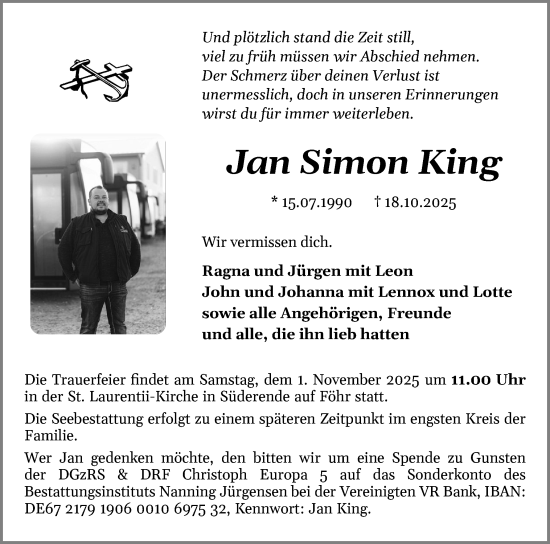 Traueranzeige von Jan Simon King von Region Westküste