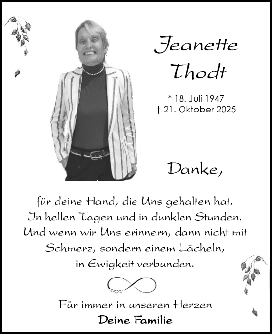 Traueranzeige von Jeanette Thodt von Schleswig-Holsteinische Landeszeitung