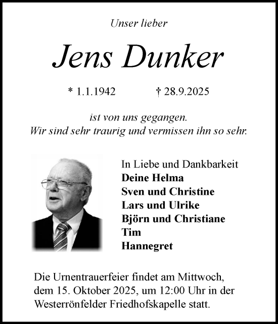 Traueranzeige von Jens Dunker von Schleswig-Holsteinische Landeszeitung
