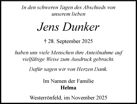 Traueranzeige von Jens Dunker von Schleswig-Holsteinische Landeszeitung