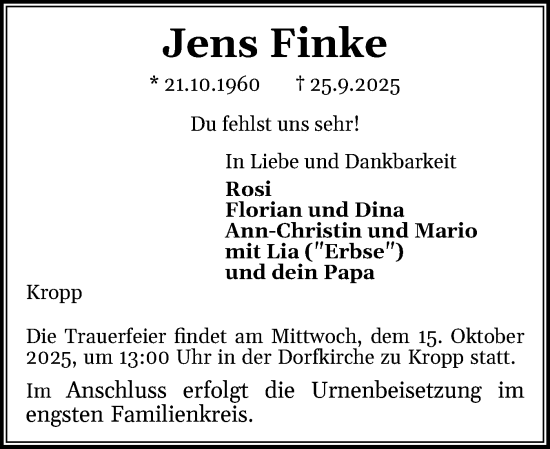 Traueranzeige von Jens Finke von Die WochenSchau Gesamtausgabe