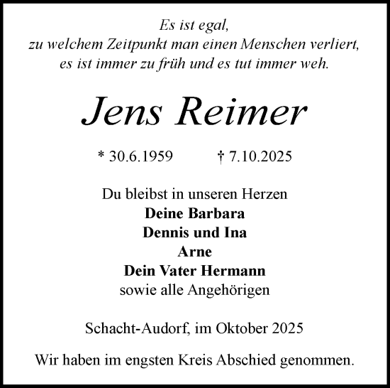 Traueranzeige von Jens Reimer von Schleswig-Holsteinische Landeszeitung