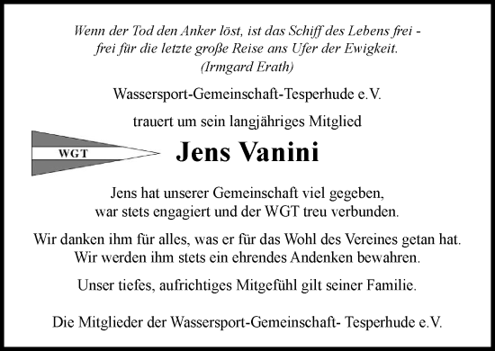Traueranzeige von Jens Vanini von Wochenend Anzeiger