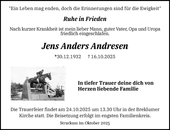 Traueranzeige von Jens Anders Andresen von Husumer Nachrichten, Nordfriesland Tageblatt