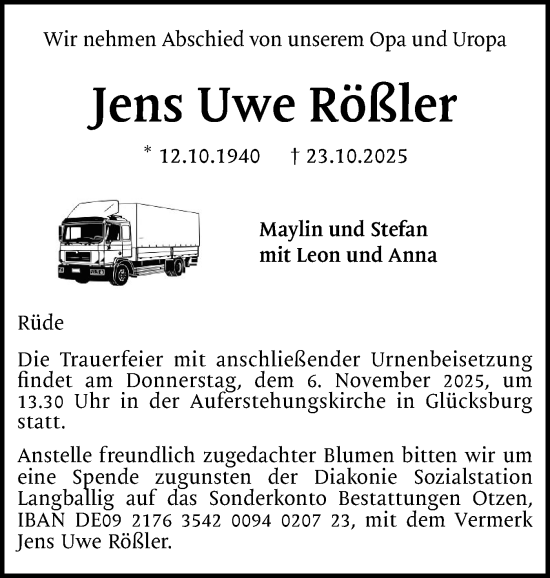 Traueranzeige von Jens Uwe Rößler von Flensburger Tageblatt