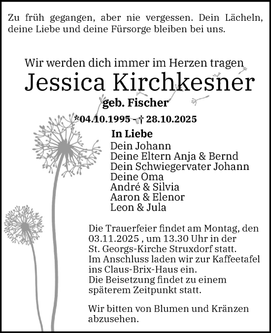 Traueranzeige von Jessica Kirchkesner von Flensburger Tageblatt, Schleswiger Nachrichten, Schlei-Bote