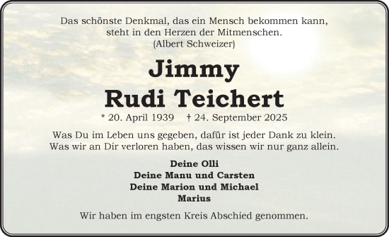 Traueranzeige von Jimmy Rudi Teichert von Uetersener Nachrichten, Der tip am Wochenende