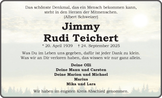 Traueranzeige von Jimmy Rudi Teichert von Uetersener Nachrichten, Der tip am Wochenende