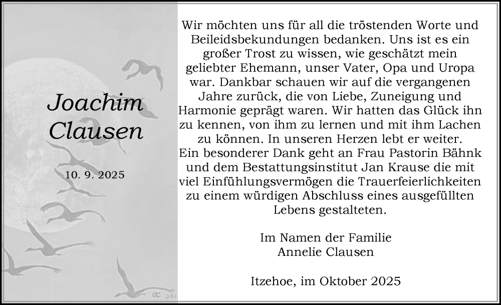  Traueranzeige für Joachim Clausen vom 11.10.2025 aus Norddeutsche Rundschau, Wilstersche Zeitung, Glückstädter Fortuna