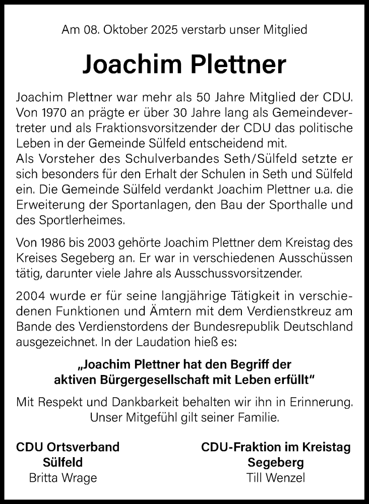  Traueranzeige für Joachim Plettner vom 25.10.2025 aus MARKT Ahrensburg/Bargteheide/Trittau und Stormarner Tageblatt
