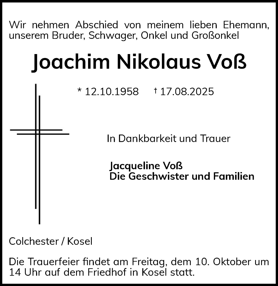  Traueranzeige für Joachim Nikolaus Voß vom 04.10.2025 aus Eckernförder Zeitung, Hallo Eckernförde