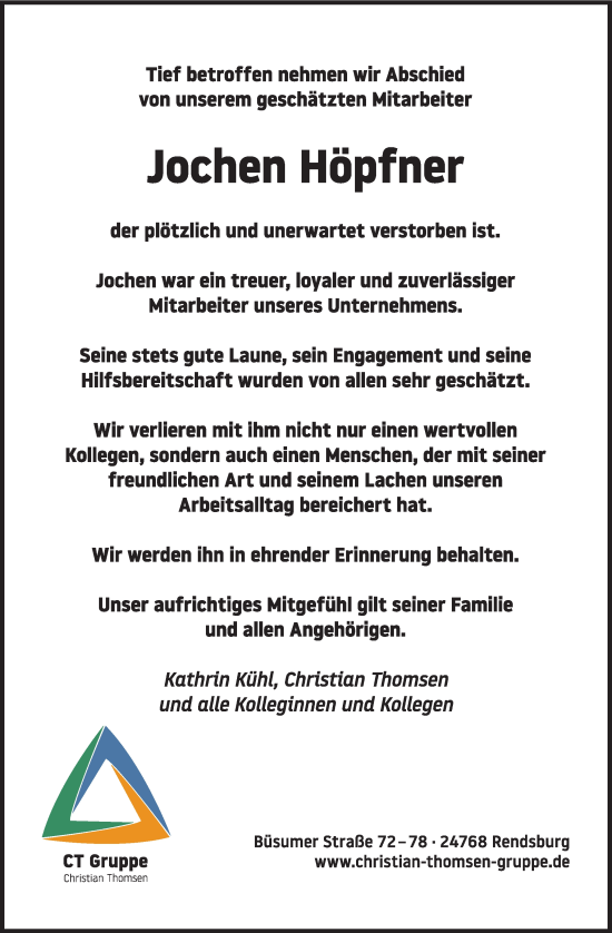 Traueranzeige von Jochen Höpfner von Schleswig-Holsteinische Landeszeitung