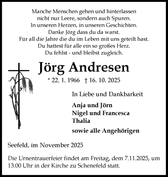 Traueranzeige von Jörg Andresen von Schleswig-Holsteinische Landeszeitung