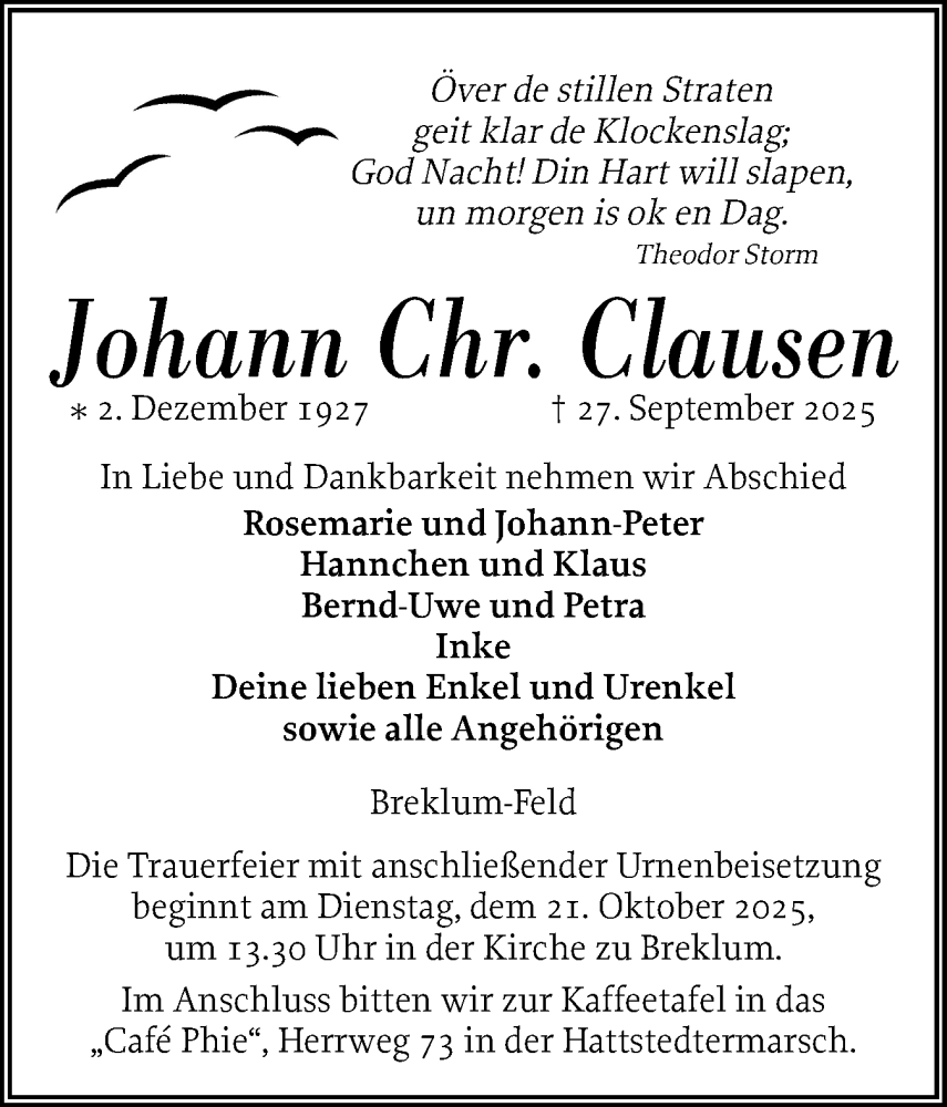  Traueranzeige für Johann  Clausen vom 04.10.2025 aus Husumer Nachrichten, Nordfriesland Tageblatt
