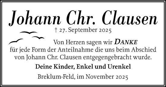 Traueranzeige von Johann Christian Clausen von Husumer Nachrichten, Nordfriesland Tageblatt