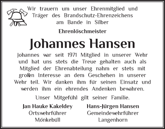 Traueranzeige von Johannes Hansen von Husumer Nachrichten, Nordfriesland Tageblatt