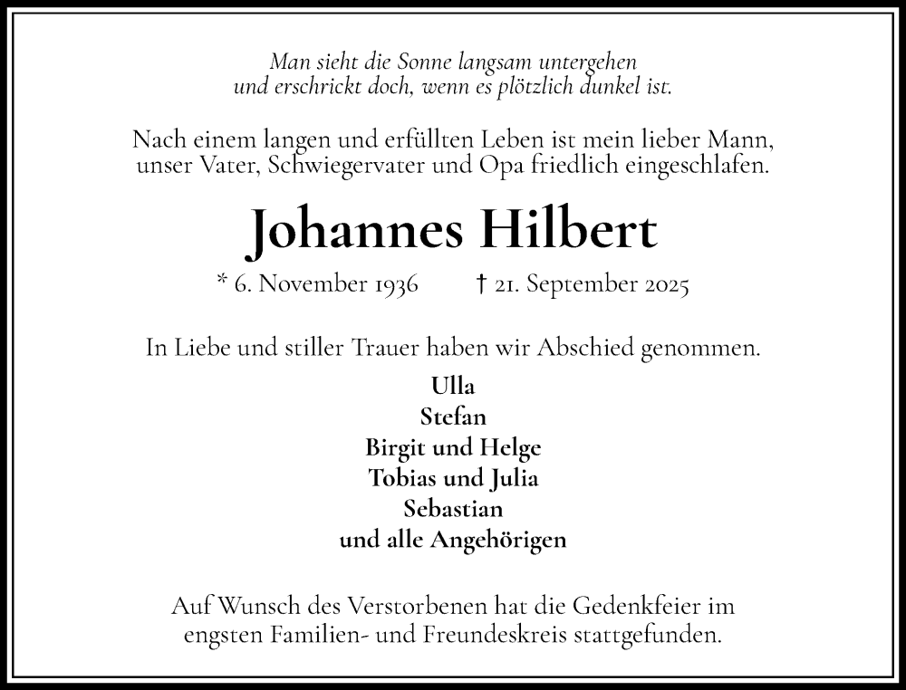  Traueranzeige für Johannes Hilbert vom 11.10.2025 aus Wedel-Schulauer Tageblatt, tip Wedel-Schulauer Tageblatt, tip Rissener Rundschau