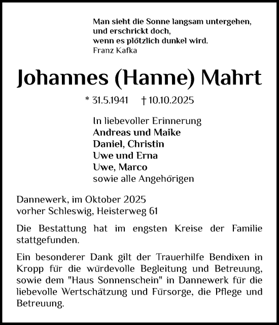 Traueranzeige von Johannes Mahrt von Schleswiger Nachrichten, Schlei-Bote
