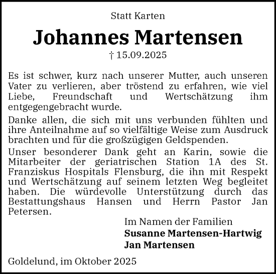 Traueranzeige von Johannes Martensen von Region Flensburg