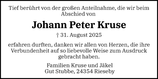 Traueranzeige von Johann Peter Kruse von Schleswiger Nachrichten, Schlei-Bote, Eckernförder Zeitung