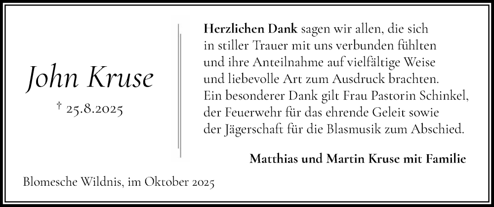  Traueranzeige für John Kruse vom 18.10.2025 aus Norddeutsche Rundschau, Wilstersche Zeitung, Glückstädter Fortuna